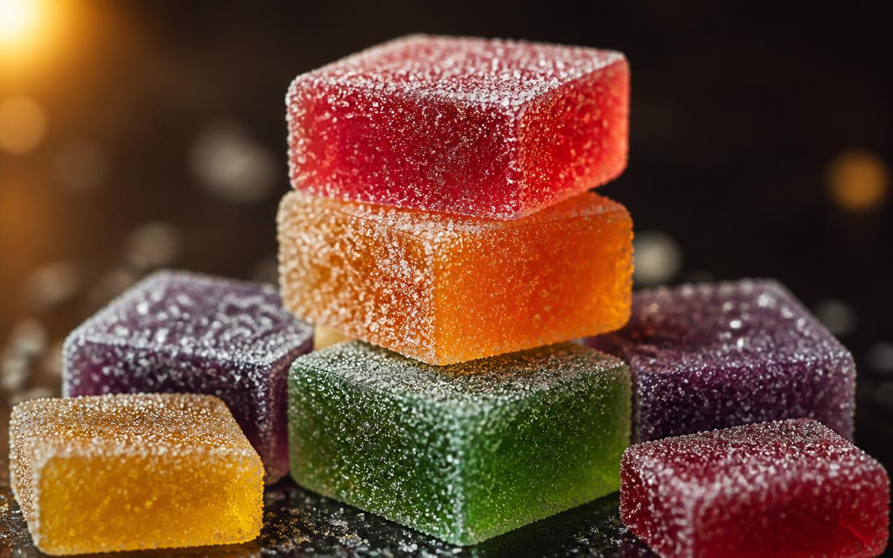 Close-up of sugar-coated broad spectrum CBD gummy cubes in multiple flavours