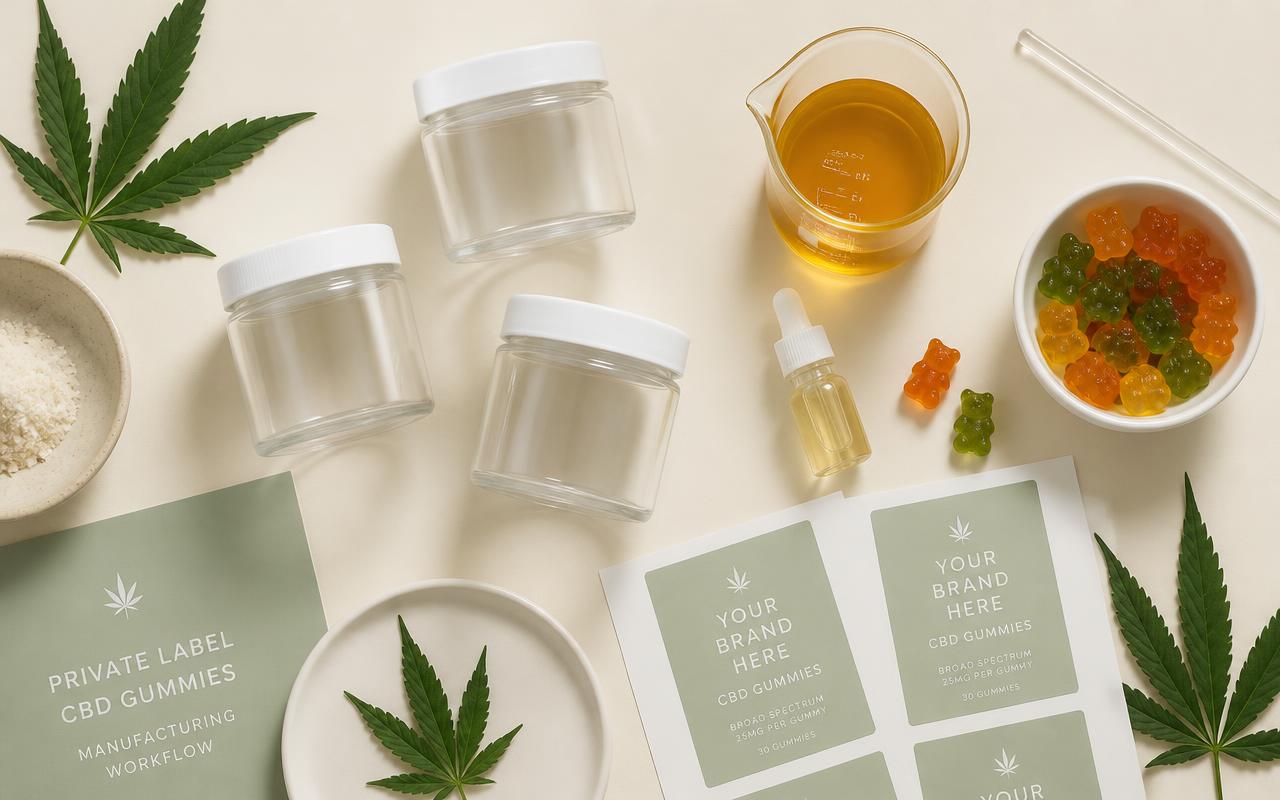 Flat lay of the white label CBD gummies process: blank jars, brandable label sheets, hemp extract and gummies